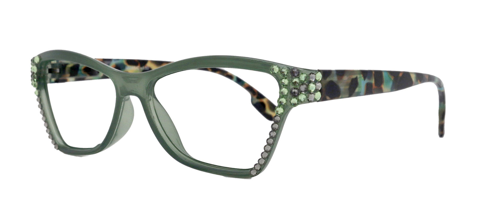 Avian, (Bling) Women Reading Glasses w (Peridot n Black Diamond) Genuine European Crystals, Magnifying Cat Eye (Green) NY Fifth Avenue