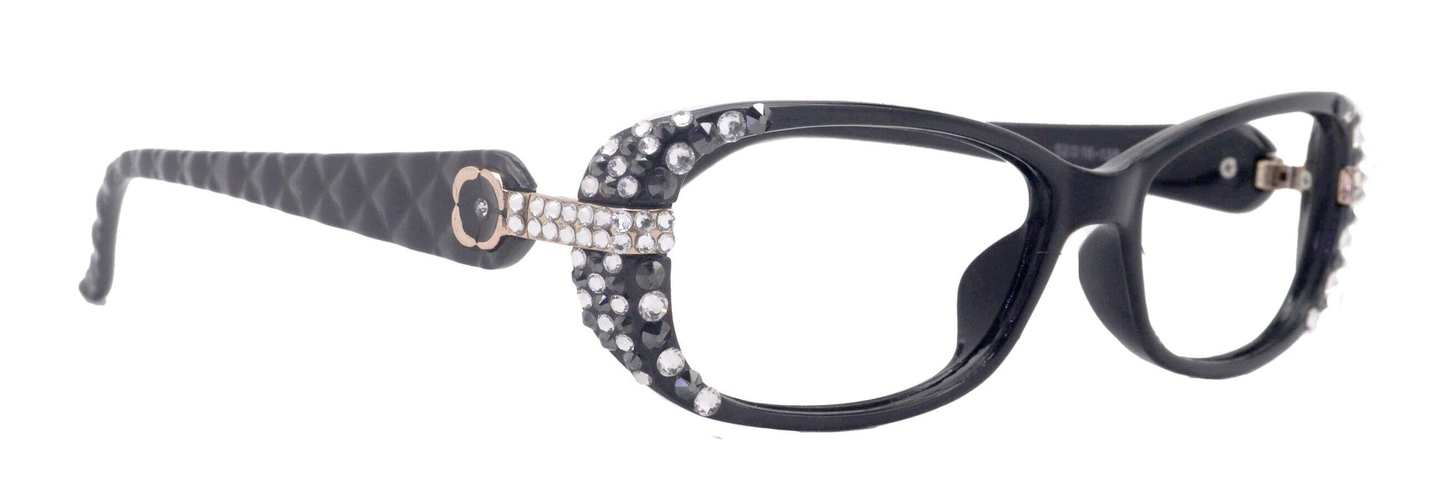 Glamour Quilted, (Bling) Reading Glasses For Women Adorned W (Clear, Hematite)Genuine European Crystals +1.25.. +3.5 (Black)
