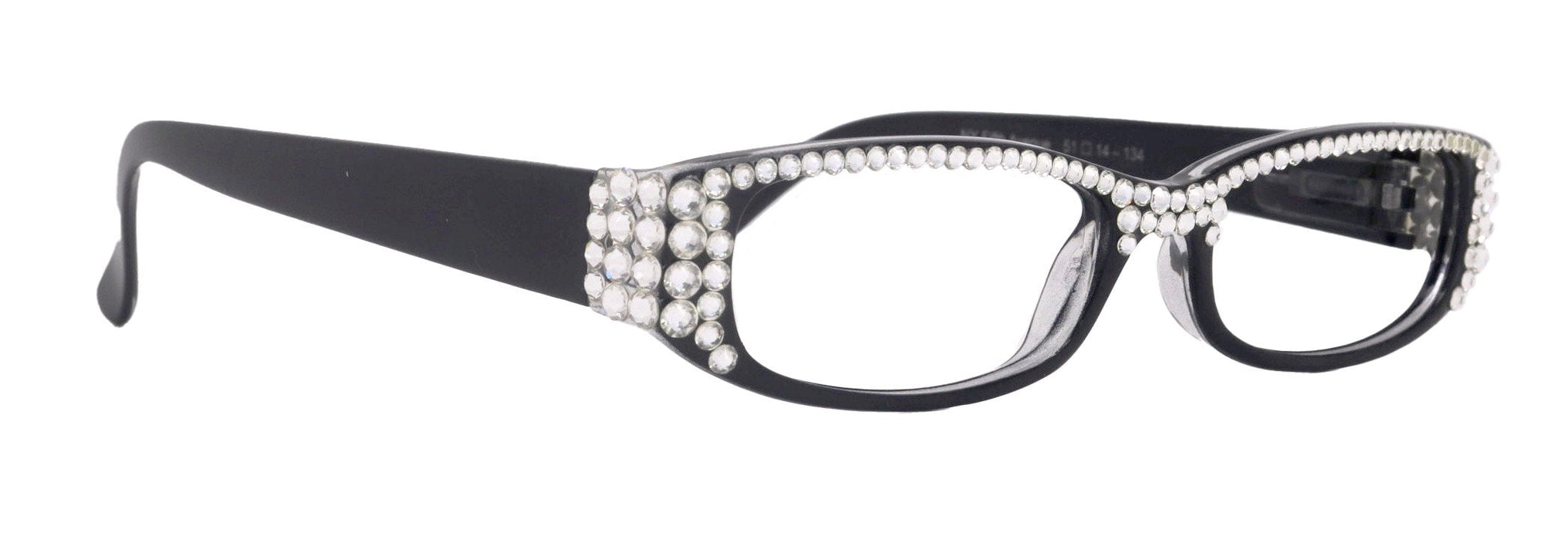 Elise, Bling Reading Glasses For Women W Full Top (Clear)Genuine European Crystals rectangular (Black) +1.25 ..+3, NY Fifth Avenue.